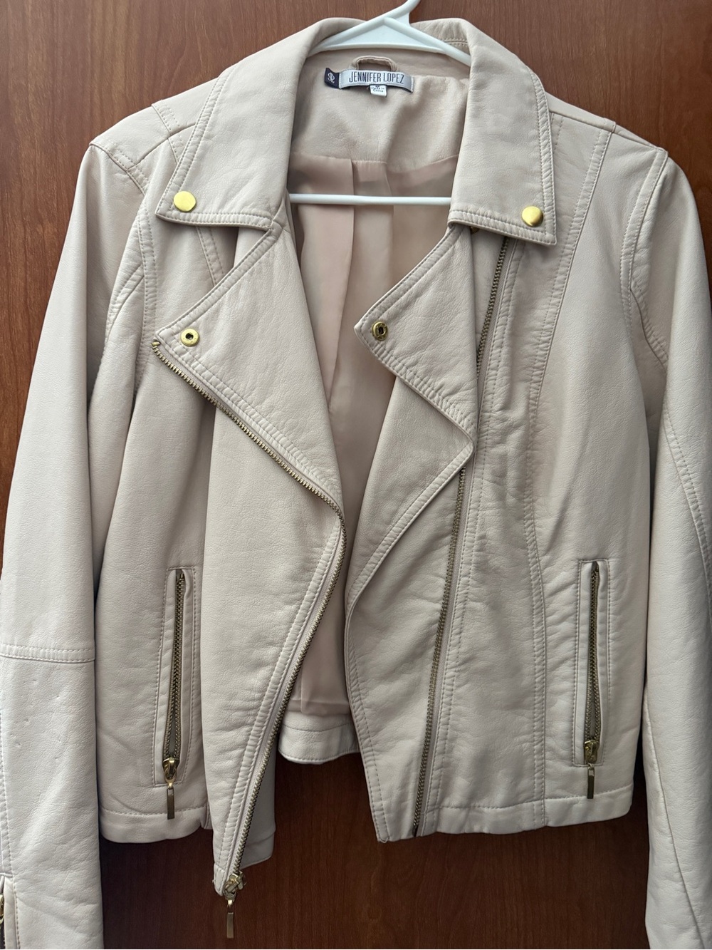 Jennifer Lopez Cream Faux-Leather Moto Jacket with Gold Hardware